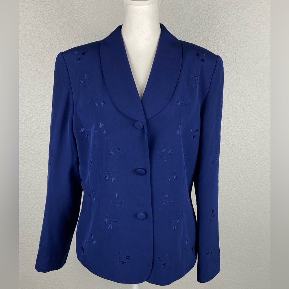 Anna Carole 2 piece blazer jacket and skirt silk set women’s size 10 navy blue